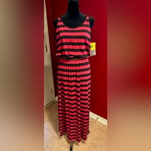 Fever Pink Ginger & Black Striped Maxi Dress Size Small Sleeveless Stretch NWT